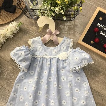 Váy đũi hoa tay ren trễ vai  size 4-8 - V49165